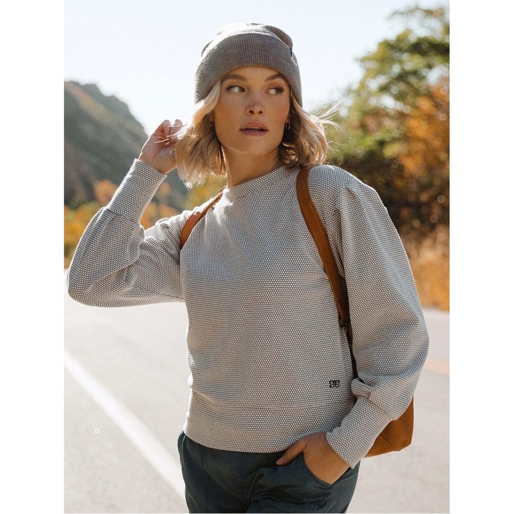 Albion Fit Serena Honeycomb Knit Puff Sleeve Pullover Top Black White Large